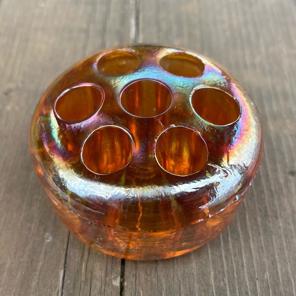 Vintage Iridescent Marigold Carnival Glass Flower Frog Floral Arranger - Picture 6 of 14